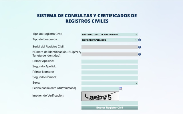 Captura de pantalla de la página de la Registraduría Nacional de Colombia