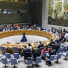 Los embajadores se reúnen para votar una resolución que pide un alto el fuego inmediato en Gaza, durante una reunión del Consejo de Seguridad de las Naciones Unidas en la Sede de las Naciones Unidas en Nueva York, EE.UU.