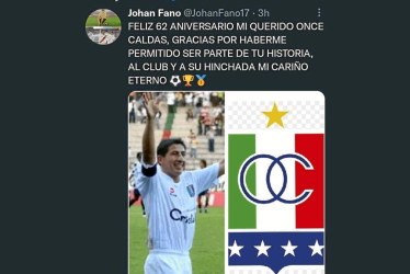 El peruano Johan Fano, exdelantero del Once Caldas, felicitó al equipo por su reciente aniversario.