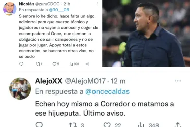 Estas son algunas de los comentarios que se vieron en Twitter en contra del técnico del Once Caldas, Diego Corredor. En las redes sociales se observa un malestar de los hinchas por el rendimiento del equipo. 