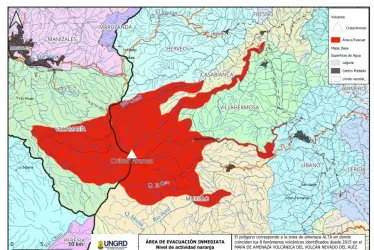 Este mapa muestra el polígono de evacuación presentado en el Puesto de Mando Unificado del 12 de mayo de 2023. La zona roja es el área a evacuar.