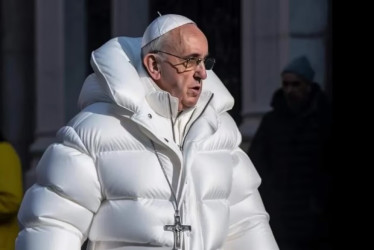 Las imágenes del papa Francisco con una chaqueta larga e inflada blanca y un gran colgante con una cruz inundaron las redes sociales este año. La imagen fue creada con inteligencia artificial. 