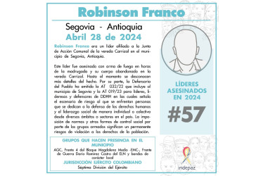 Robinson Franco, líder de la Junta de Acción Comunal de la vereda Carrizal de Segovia, fue asesinado con arma de fuego en la madrugada de este domingo.