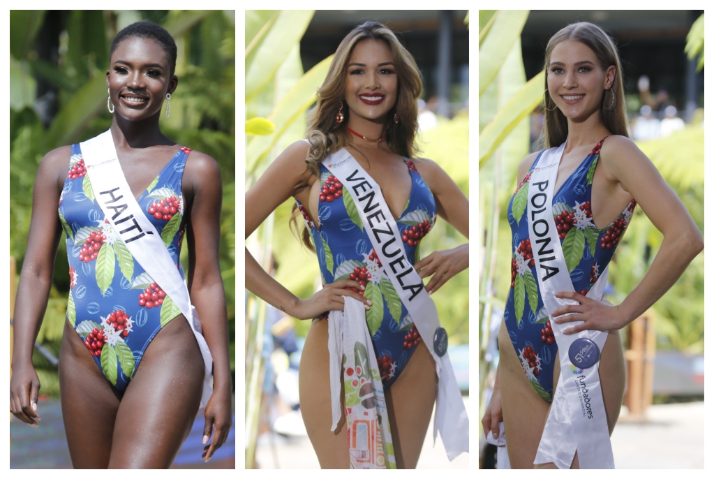 Las representantes de Haití, Cassandre Jacques; Venezuela, Lisandra Chirinos, y Polonia, Ágata Wdowiak, destacaron en el desfile en traje de baño de ayer. 
