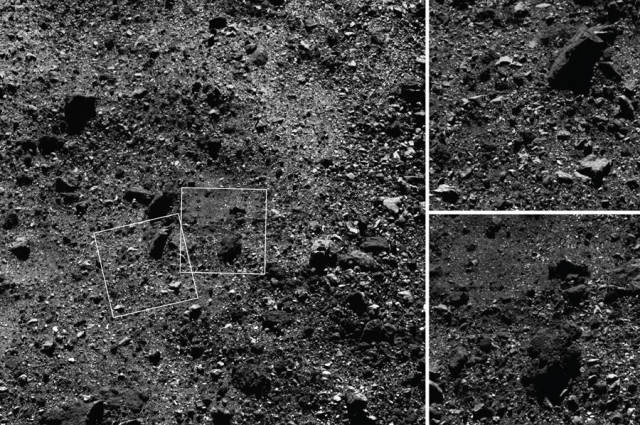 Fotografía cedida por la NASA de tres imágenes del hemisferio norte del asteroide Bennu el 27 de febrero capturadas por la nave espacial OSIRIS-REx durante su órbita desde un rango de 1.1 millas (1.8 km).