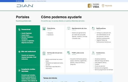 Captura de pantalla de la página web de la DIAN