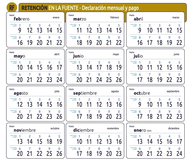 Calendario de pago de impuesto de retención en la fuente