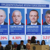 Observadores y periodistas internacionales frente a una pantalla que muestra los resultados preliminares de las elecciones presidenciales en la Comisión Electoral Central en Moscú, Rusia, este lunes.
