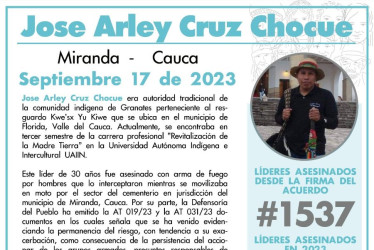 Imagen de Indepaz sobre líder social asesinado José Arley Cruz Chocué