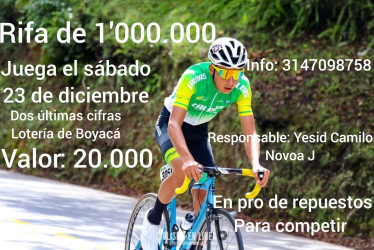 El manzanareño Yesid Camilo Novoa, de 19 años, está haciendo una rifa para comprar repuestos para su bicicleta y poder participar en la Vuelta de la Juventud 2024.