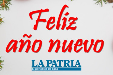 Aviso navideño que dice "Feliz año nuevo" con un logo del periódico LA PATRIA debajo.