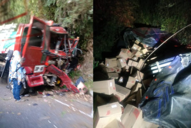 El accidente del tractocamión en la vía Manizales-Bogotá, por el sector de Cerro Bravo. 