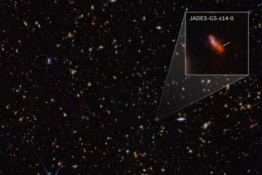 El telescopio espacial James Webb observó la galaxia JADES-GS-z14-0, que corresponde a unos 290 millones de años después del Big Bang.