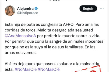 La representante Ana Rogelia Monsalve rechazó las agresiones de las que ha sido víctima en redes por su posición en contra de prohibir las corridas de toros.
